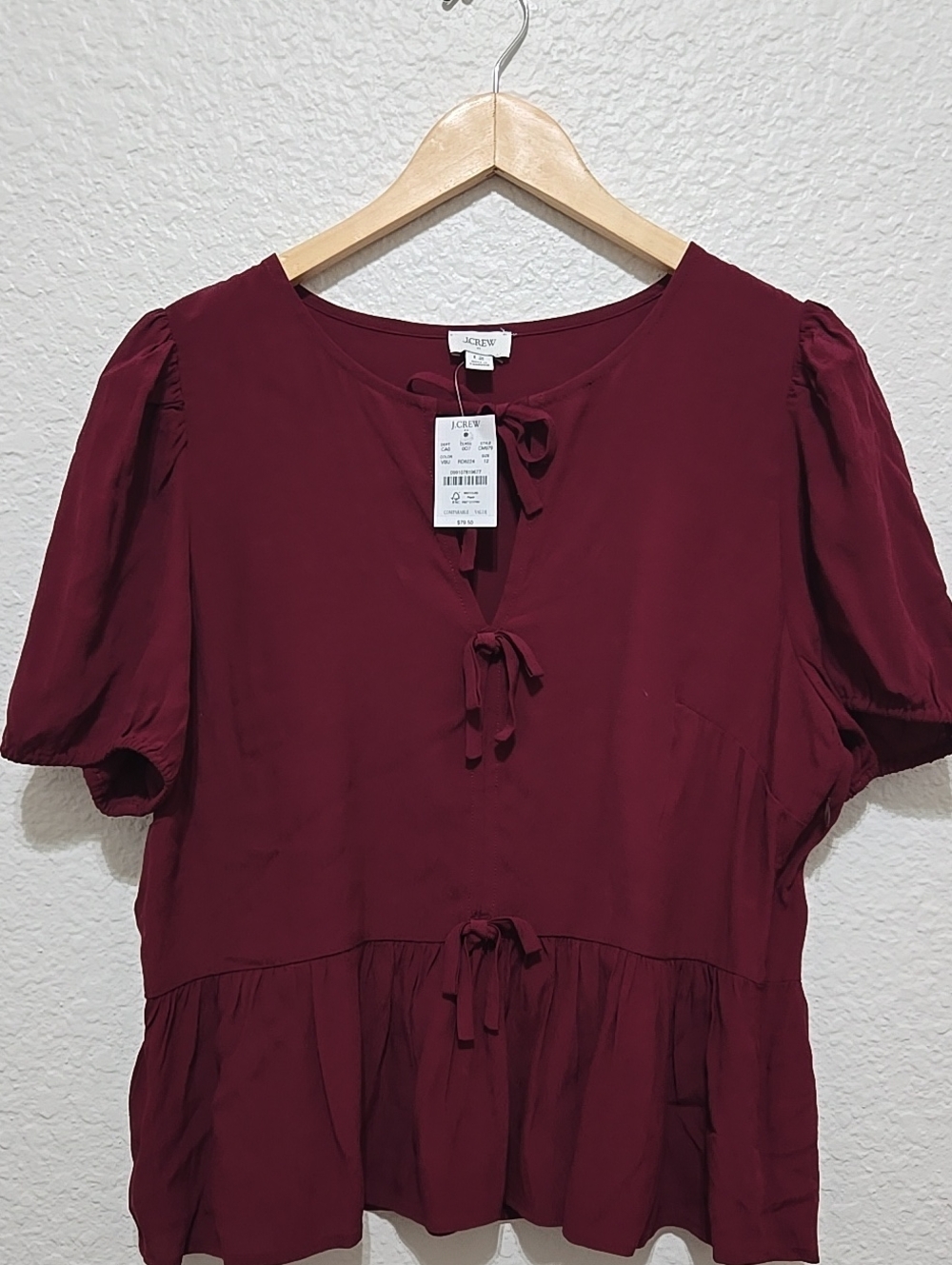 NWT J. Crew Burgundy Tie-Front Peplum Top